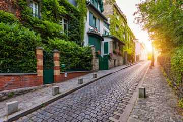 Fototapeta na wymiar Montmartre district of Paris. Houses on narrow road in Montmartre district of Paris. View of cozy street in quarter Montmartre in Paris, France. Architecture and landmarks of Paris. Postcard of Paris.