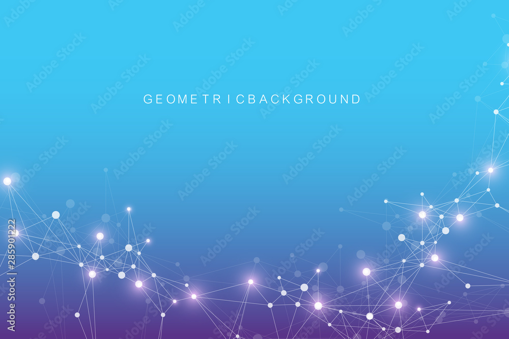Poster Big data visualization. Geometric abstract background visual information complexity. Futuristic infographics design. Technology background with connected line and dots, wave flow. Vector illustration