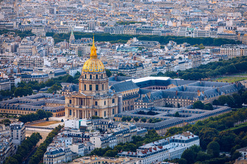 Fototapeta na wymiar Paris aerial with Les Invalides, France. Twilight aerial view of Paris, France from Montparnasse Tower with Les Invalides building. Beautiful Les Invalides in Paris, France