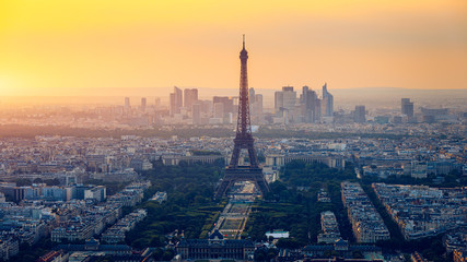 Panoramic aerial view of Paris, Eiffel Tower and La Defense business district. Aerial view of Paris...