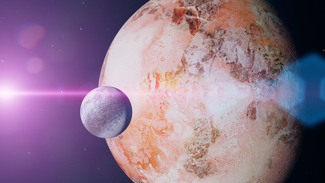alien worlds, planet with moon in distant solar system