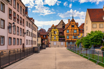 Fototapeta na wymiar Colmar, Alsace, France. Petite Venice, water canal and traditional half timbered houses. Colmar is a charming town in Alsace, France. Beautiful view of colorful romantic city Colmar, France, Alsace.
