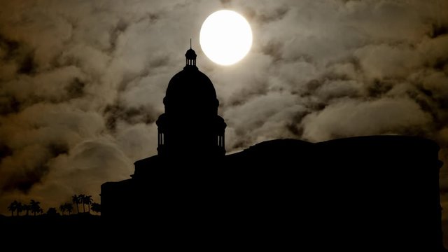 Havana: El Capitolio or National Capitol Building, Time Lapse by Night with Dark Sky and Full Moon, Cuba
