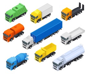 Carriers. Set of trucks,fuel and construction vehicles. Isometric view. Vector