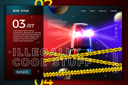 Vector realistic 3d site template with police flasher on dark modern background. Mock-up for product package branding.