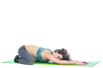 Naklejka premium Beautiful pregnant woman workout. Doing fitness on last months of pregnancy. Yoga positions. Motherhood, pregnancy, yoga concept. Isolated white background.