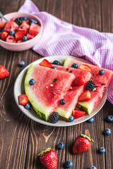 Fresh Berry mix with Strawberry, Blueberry, Watermelon and Black berry. Cut watermelon. Juicy and fresh watermelon