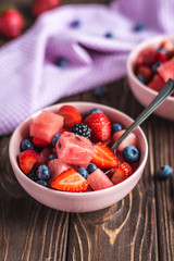 Fresh Berry mix with Strawberry, Blueberry, Watermelon and Black berry. Cut watermelon. Juicy and fresh watermelon