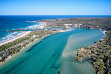 Wooli River aerial Northern NSW with blue water