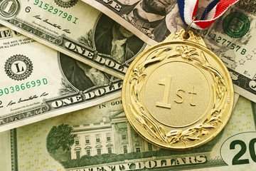 Business concept of golden medal over dollar bills. Success, Best Investment and reward for...