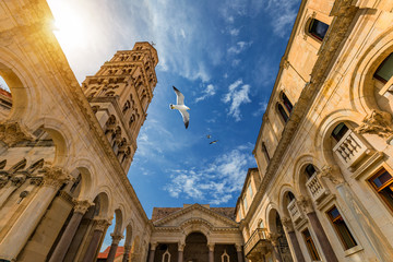 Diocletian's Palace's peristyle in front of Cathedral of Saint Domnius' bell tower in Split,...