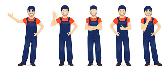 Man in blue overalls set with different gestures isolated vector illustration