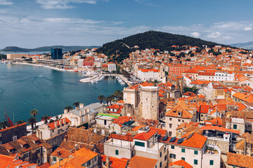 Naklejka na ściany i meble Split waterfront and Marjan hill aerial view, Dalmatia, Croatia. UNESCO World Heritage Site. Split panoramic view of town, Dalmatia, Croatia.