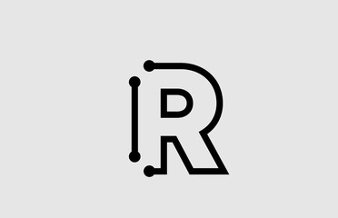 R letter alphabet logo design with line and dots