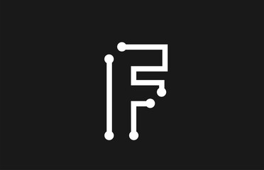 alphabet letter F black and white logo design with line and dots