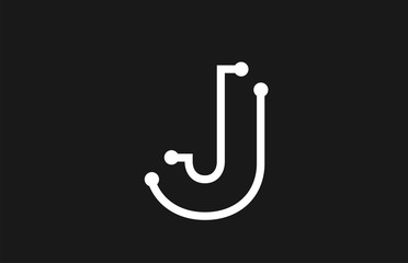 alphabet letter J black and white logo design with line and dots