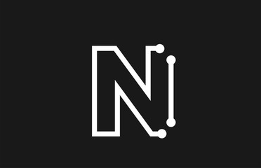 alphabet letter N black and white logo design with line and dots
