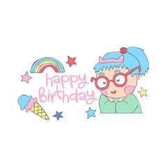 Happy Birthday. Lettering. Girl with blue hair in glasses. Ice cream. Rainbow and stars. Cartoon. Isolated vector object on a white background.