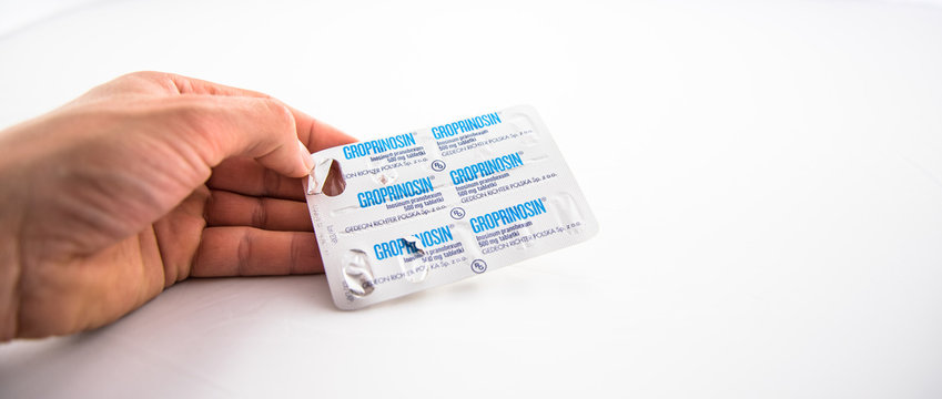 Alloa, Scotland - 13 August 2019: Medicine isolated on white background, Groprinosin