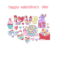 Happy Valentine's Day. Hearts. Snail. Cupcakes. Love. Lettering. Set. Isolated vector objects on a white background.