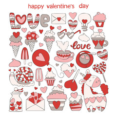 Happy Valentine's Day. Hearts. Unicorn and snail. Sweets. Ice cream and cupcakes. Set. Isolated vector objects on a white background.