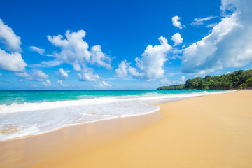 Tropical sea beach white wave against blue sky cloud