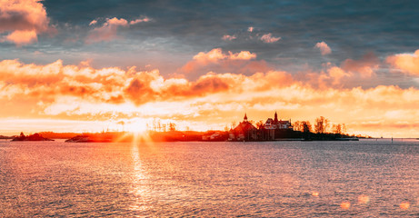 Helsinki, Finland. Sunrise Landscape Of Blekholmen Valkosaari Island And Luoto Island