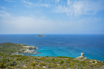 The Tower of Agnellu, a Genoese tower located in the commune of Rogliano (Haute-Corse). Sentier des douaniers. Corsica, France
