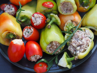 Delicious unprocessed sweet pepper and tomato with minced meat and greens in a plate on a dark background. Beautiful and healthy vegetable dish with meat close-up.