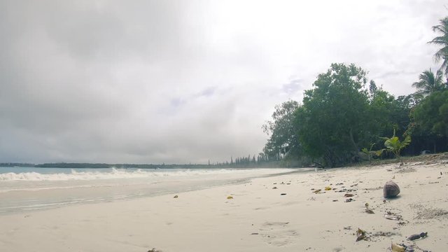Timelapse Video of calm waves washing on the shore with seagulls in the foreground on a foggy morning  at Kuto Bay Beach on Isle of Pines in New Caledonia, French Polynesia, South Pacific.