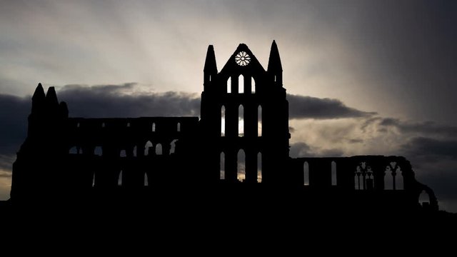 Whitby Abbey: Time Lapse at Sunrise, Ruined Gothic Church which Inspired the Novel Dracula, Yorkshire, England, UK