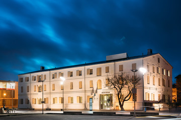Parnu, Estonia. Building Of Parnu Museum In Evening Or Night Illuminations.