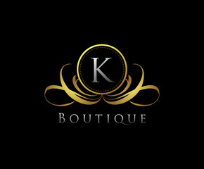 Golden Logo with K Letter in Royal Shield Vector Logo Template Used for hotel, restaurant, boutique, jewellery invitation, business card etc.