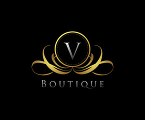 Golden Logo with V Letter in Royal Shield Vector Logo Template Used for hotel, restaurant, boutique, jewellery invitation, business card etc.