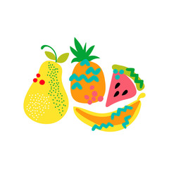 Fruits. Cartoon food. Pear, pineapple, watermelon, banana. Isolated vector objects on a white background.