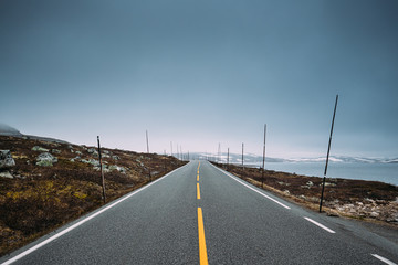 Hardangervidda Scenic Route Road In Norwegian Countryside Landscape. Asphalt Country Open Road. Free Road In Summer Season