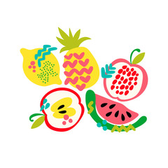Fruits. Cartoon food. Pineapple, lemon, apple, watermelon. Isolated vector objects on a white background.