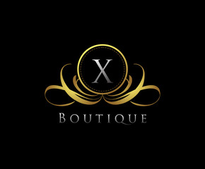 Golden Logo with X Letter in Royal Shield Vector Logo Template Used for hotel, restaurant, boutique, jewellery invitation, business card etc.