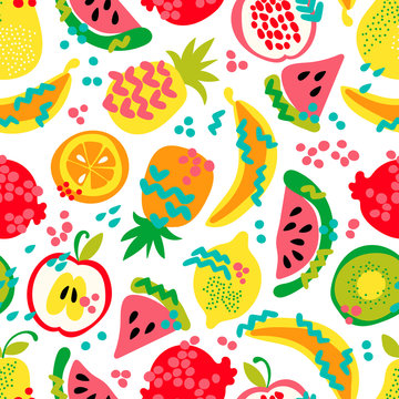 Fruits. Cartoon food. Pineapple, watermelon, banana, orange, pomegranate, kiwi, lemon. Seamless vector pattern (background, print).