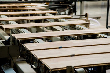Production line of the wooden floor factory. CNC automatic woodworking machine.