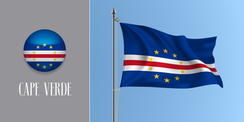Cape Verde waving flag on flagpole and round icon vector illustration