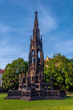Kranner's Fountain (Krannerova kasna), highest fountain in Prague. Neo-Gothic monument to Emperor Francis I of Austria. Smetana Embankment (Smetanovo nabrezi), Prague, Czech Republic.