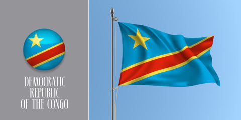 Democratic Republic Congo waving flag on flagpole and round icon vector illustration