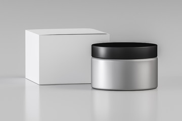 Silver cosmetic jar with box mockup - 3D illustration