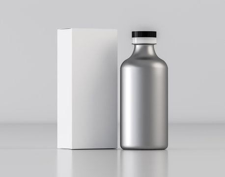 Silver color cosmetics bottle with box mockup - 3D illustration