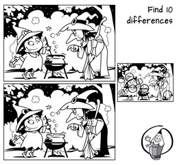 Old witch teaches little witch to make a magic potion. Find 10 differences. Educational matching game for children. Black and white cartoon vector illustration