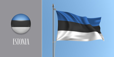 Estonia waving flag on flagpole and round icon vector illustration