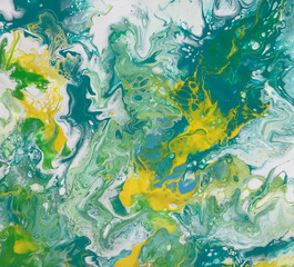 Fototapeta na wymiar Bright abstract background artwork drawn in green yellow turquoise colors. Art multicolor marble, ocean textured backdrop. Acrylic paint blowing technique. Natural organic pattern with emerald shade. 