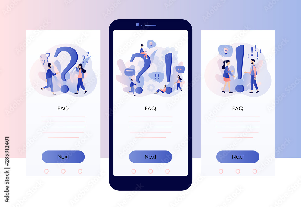 Aufkleber faq concept set. people around exclamations and question marks. metaphor question answer. screen tem