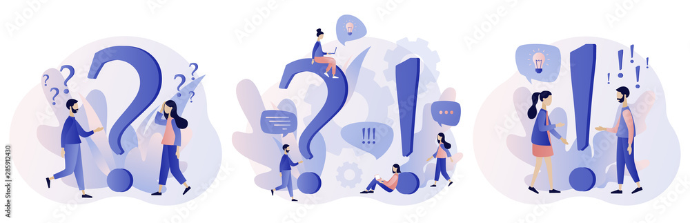 Wall mural faq concept set. people around exclamations and question marks. metaphor question answer. modern fla